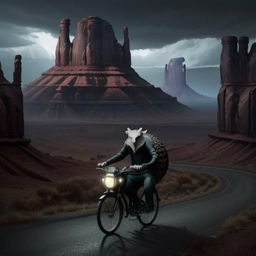 Armadillo Cyclist in Monument Valley: Dark Fantasy Art