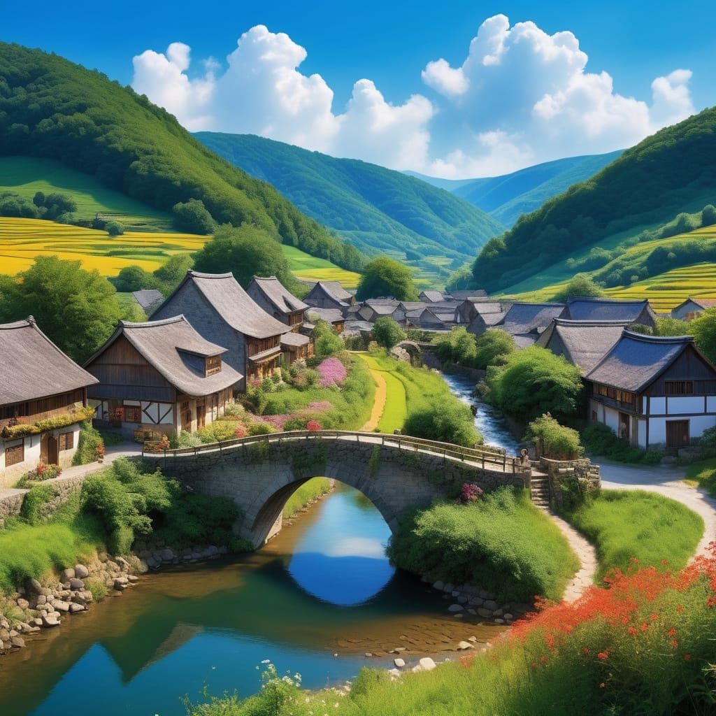 Anime-Style Village Scene in a Lush Valley