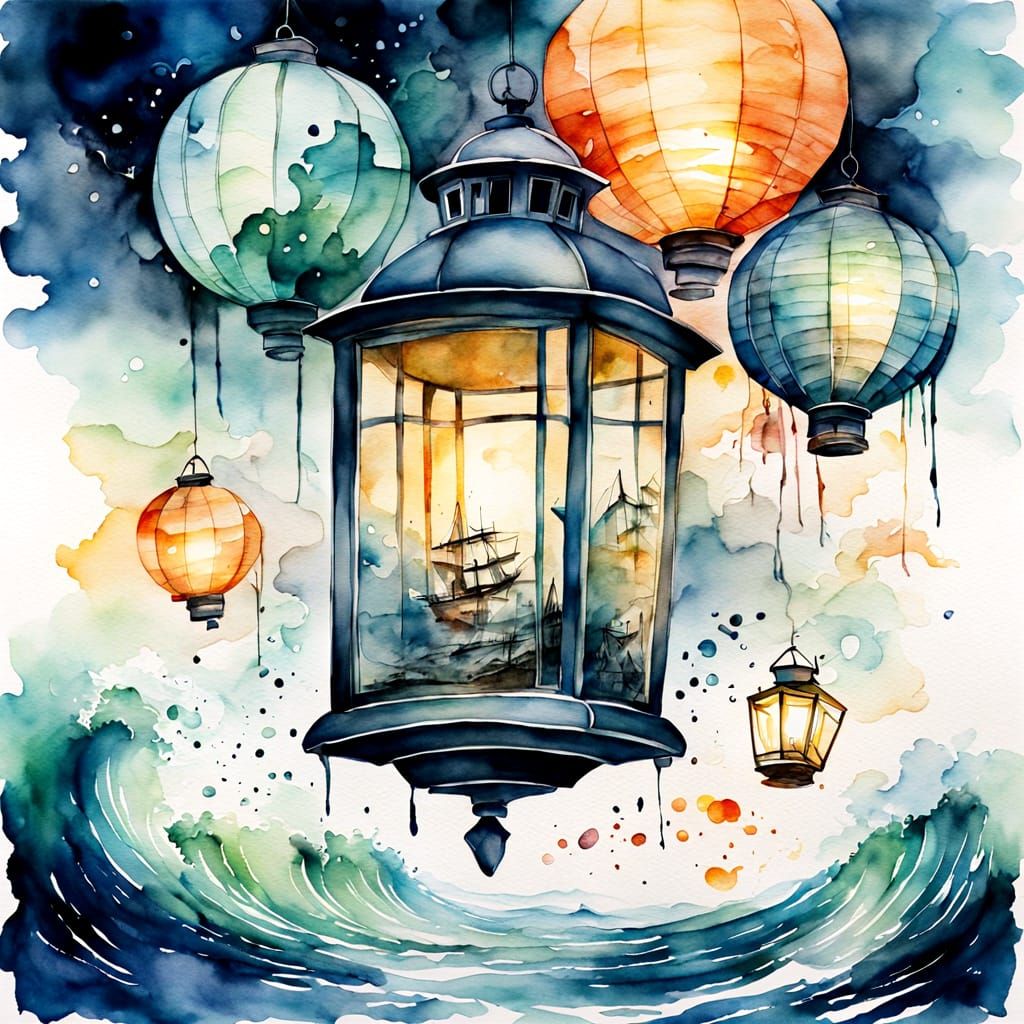 Surreal Lantern Holds Swirling Sea in Watercolour Style