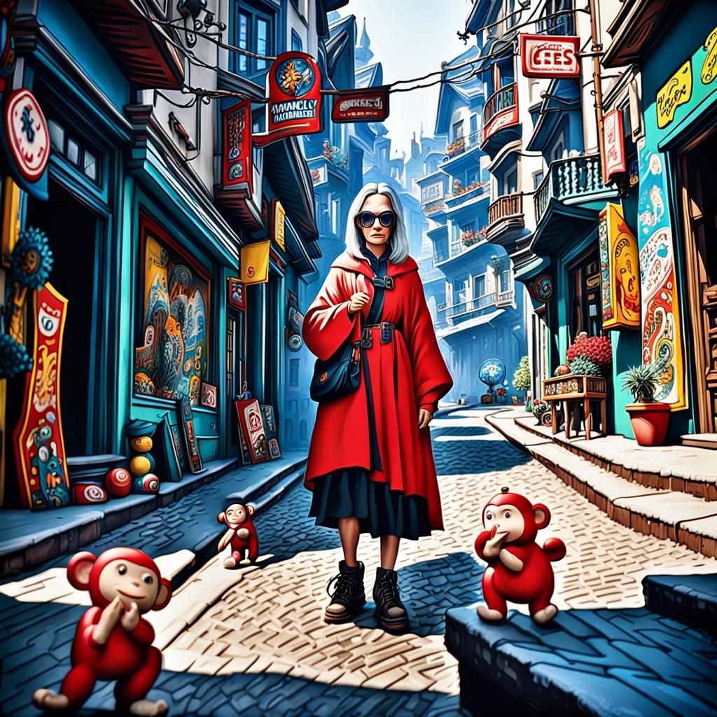 Fashionable Woman and Toy Monkey Street Art