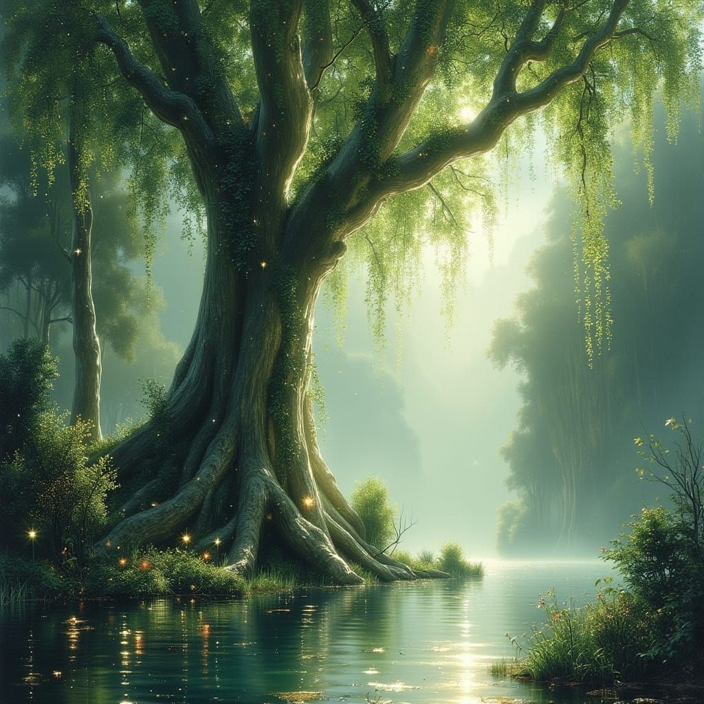 Ancient Tree with Root Archways in Misty Valley