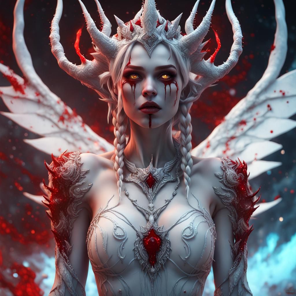 Scarred Demon Girl in Cosmic Dark Fantasy Style