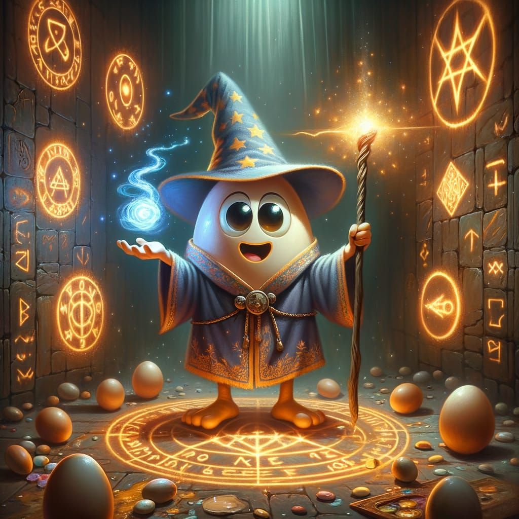 Cartoon Egg Wizard Casting a Spell, Photorealistic