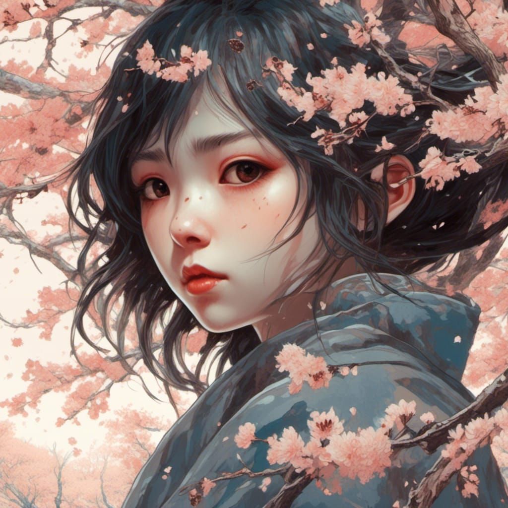 Expressive Portrait with Cherry Blossoms in Japanese Style