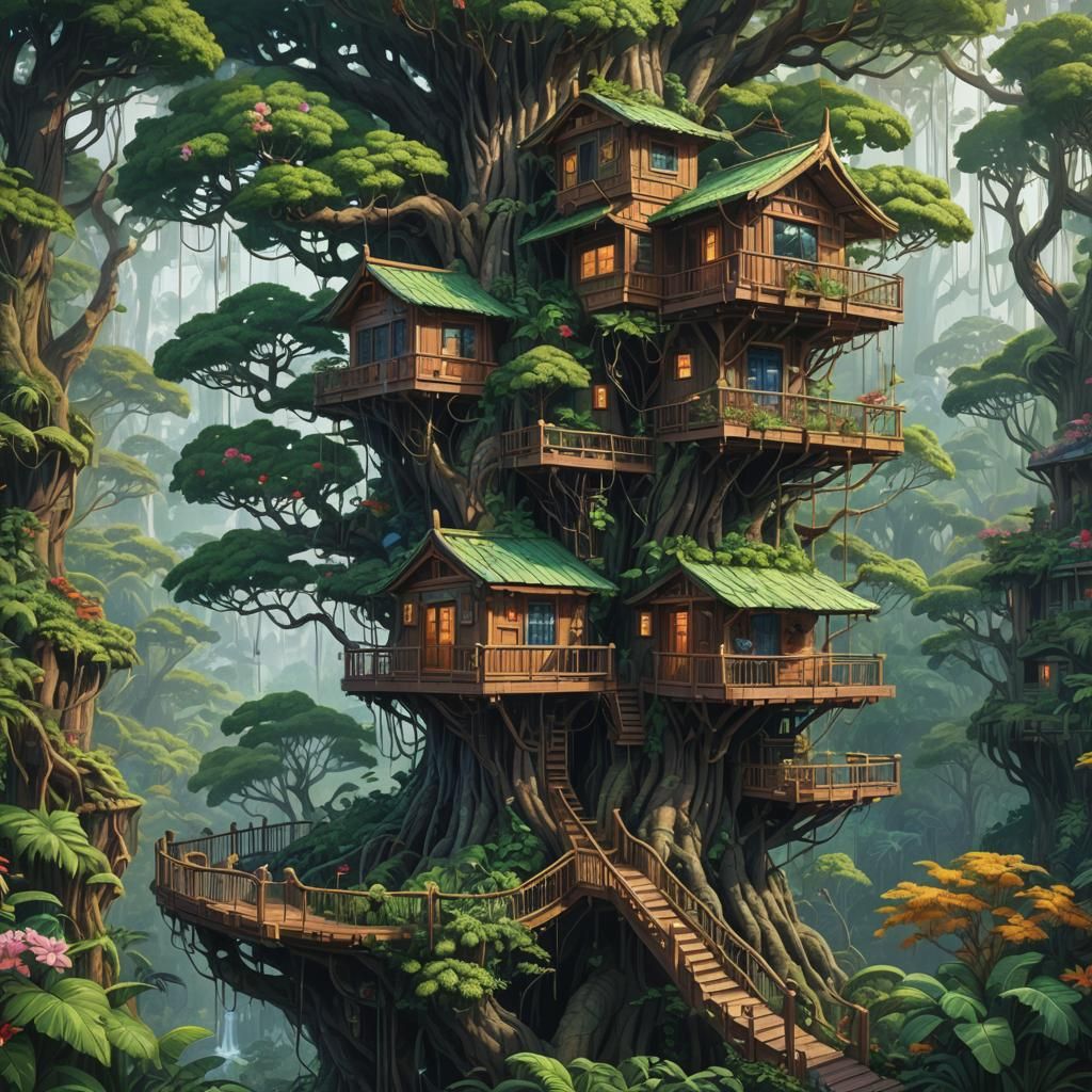 Cyberpunk Treehouse in Jungle, Detailed Pixel Art
