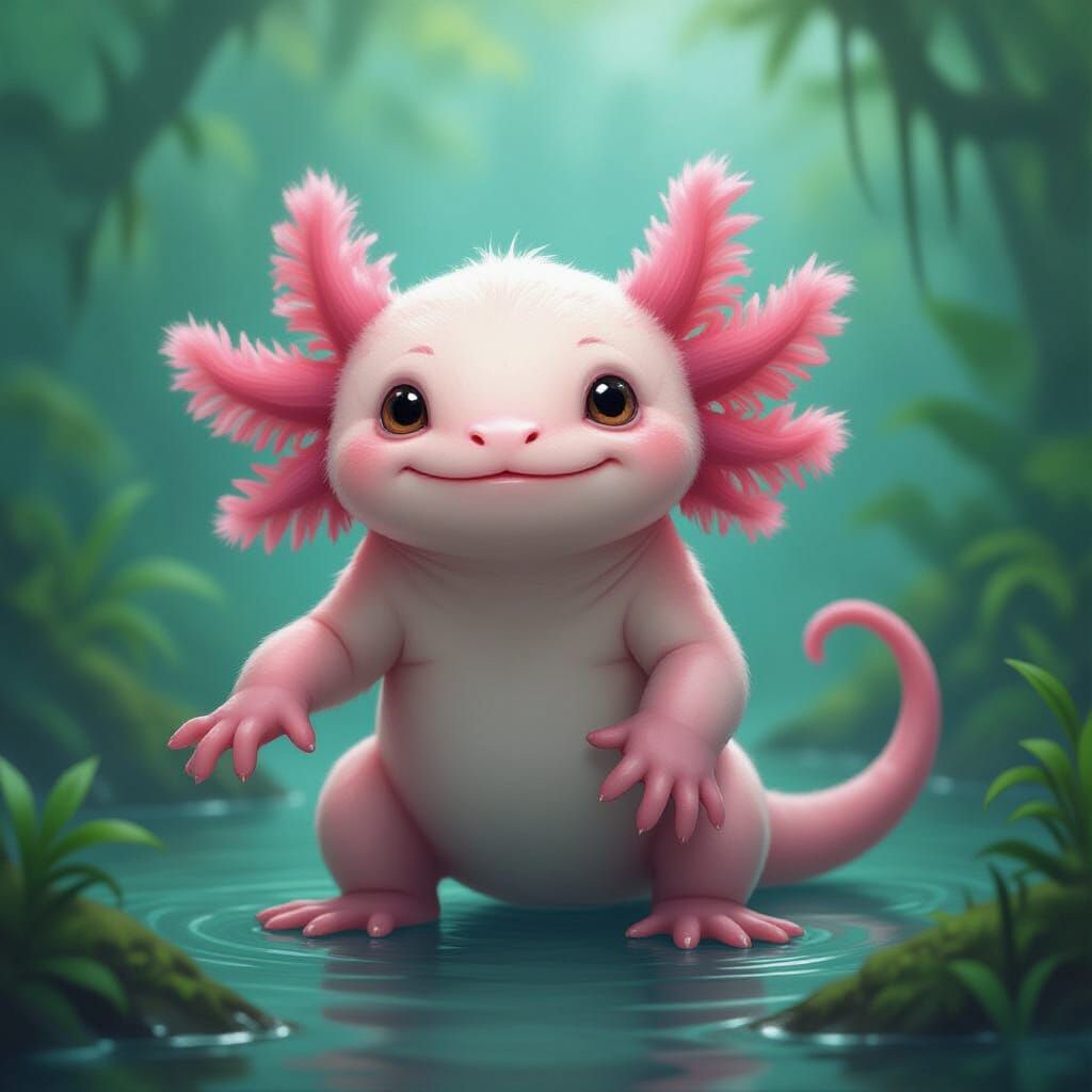 Axolotl-Monkey Hybrid in a Misty Jungle