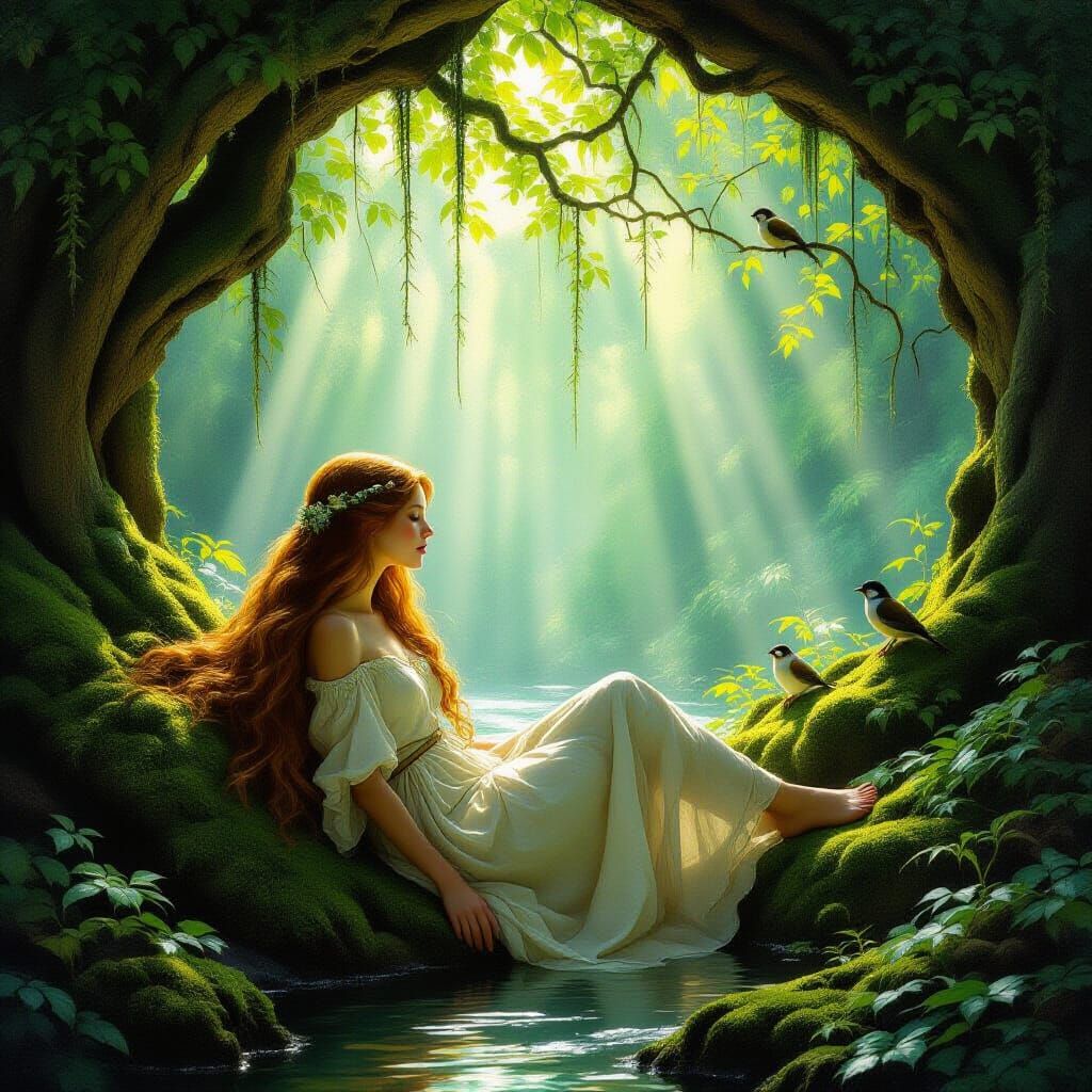 Woman Relaxing in Sunlit Grotto, Pre-Raphaelite Style