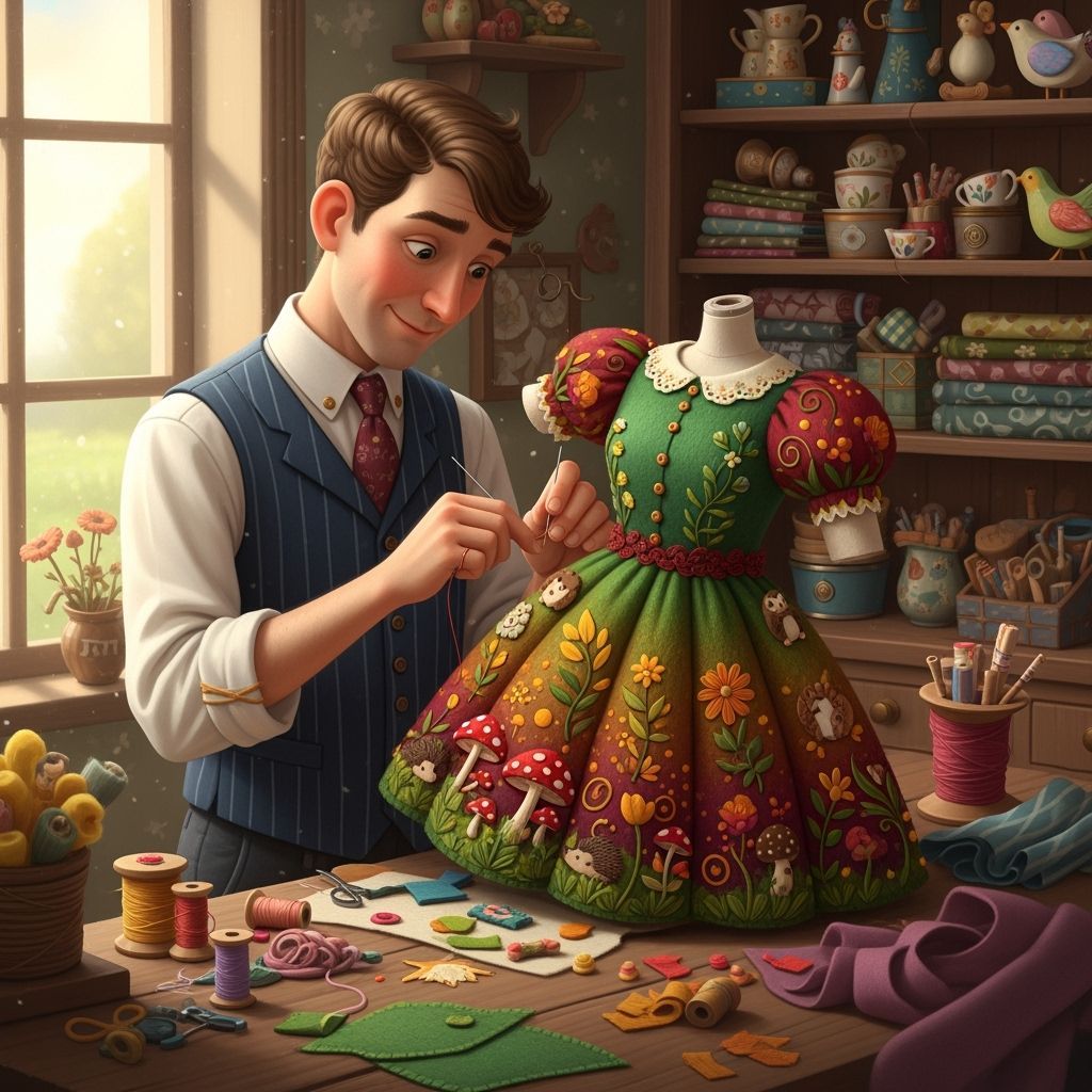 Tailor Hand-Sewing Felt Dress with Forest Creature Details