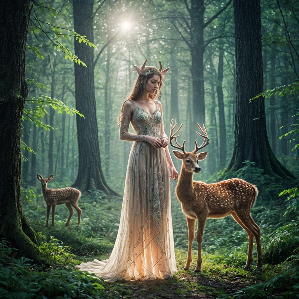Enchanted Forest Nymph and Deer in Morning Mist