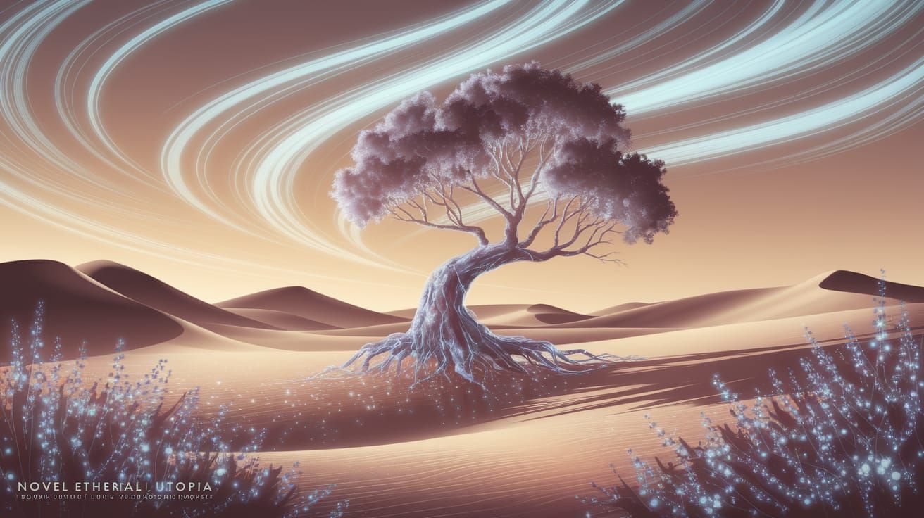 Ethereal Crystal Tree in Golden Sunset Utopia