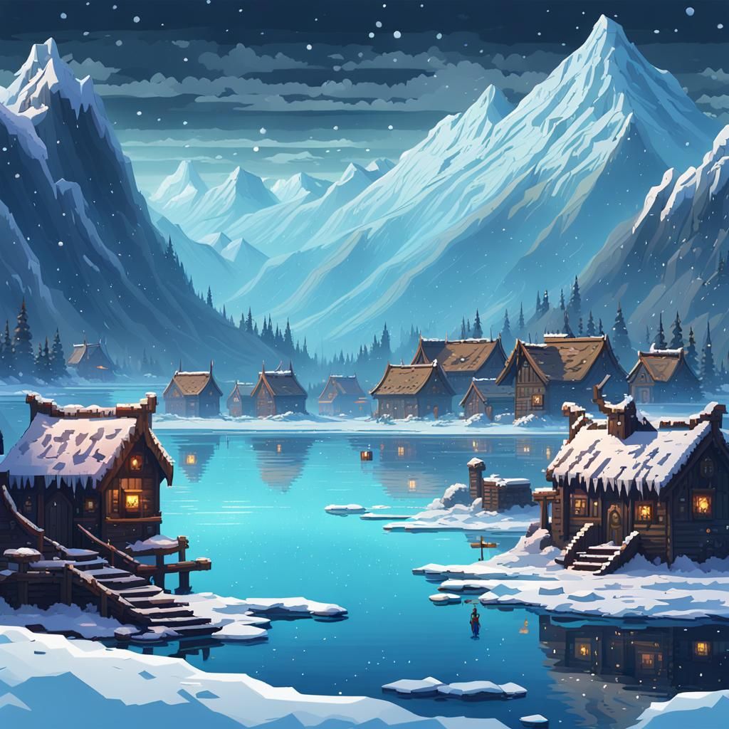 Pixel art of a Viking village