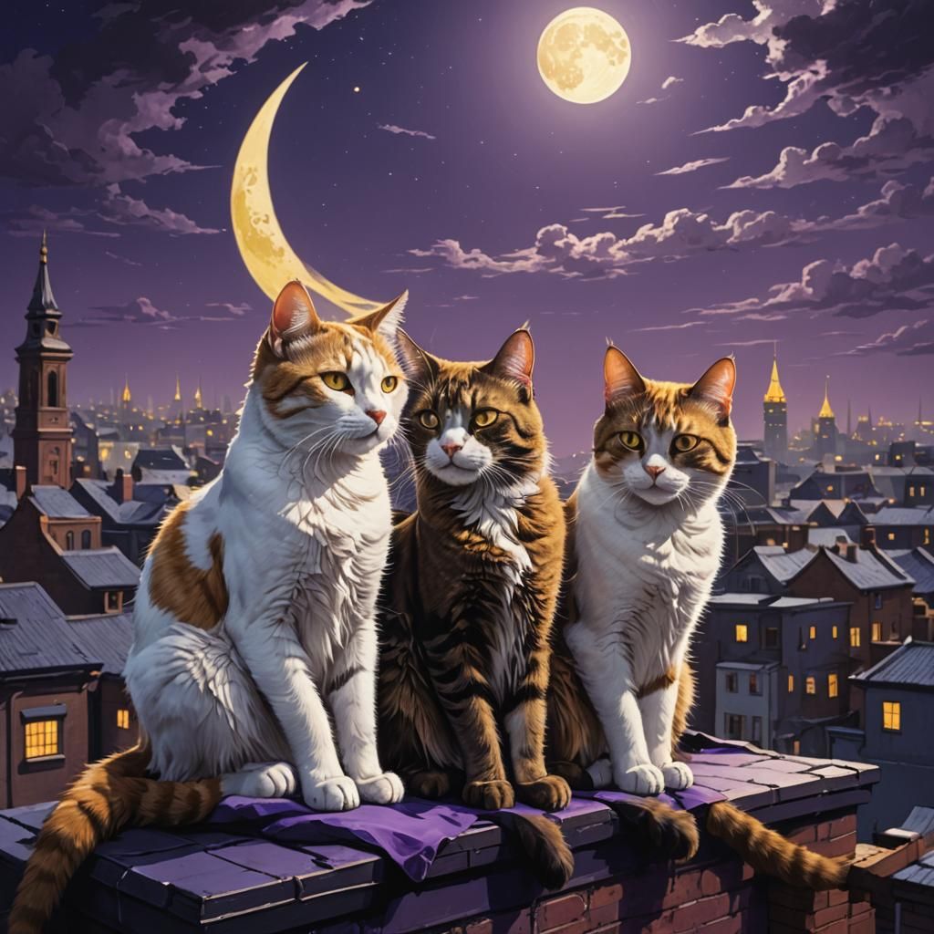 Cats Silhouetted on Rooftop in Dark Fantasy Art