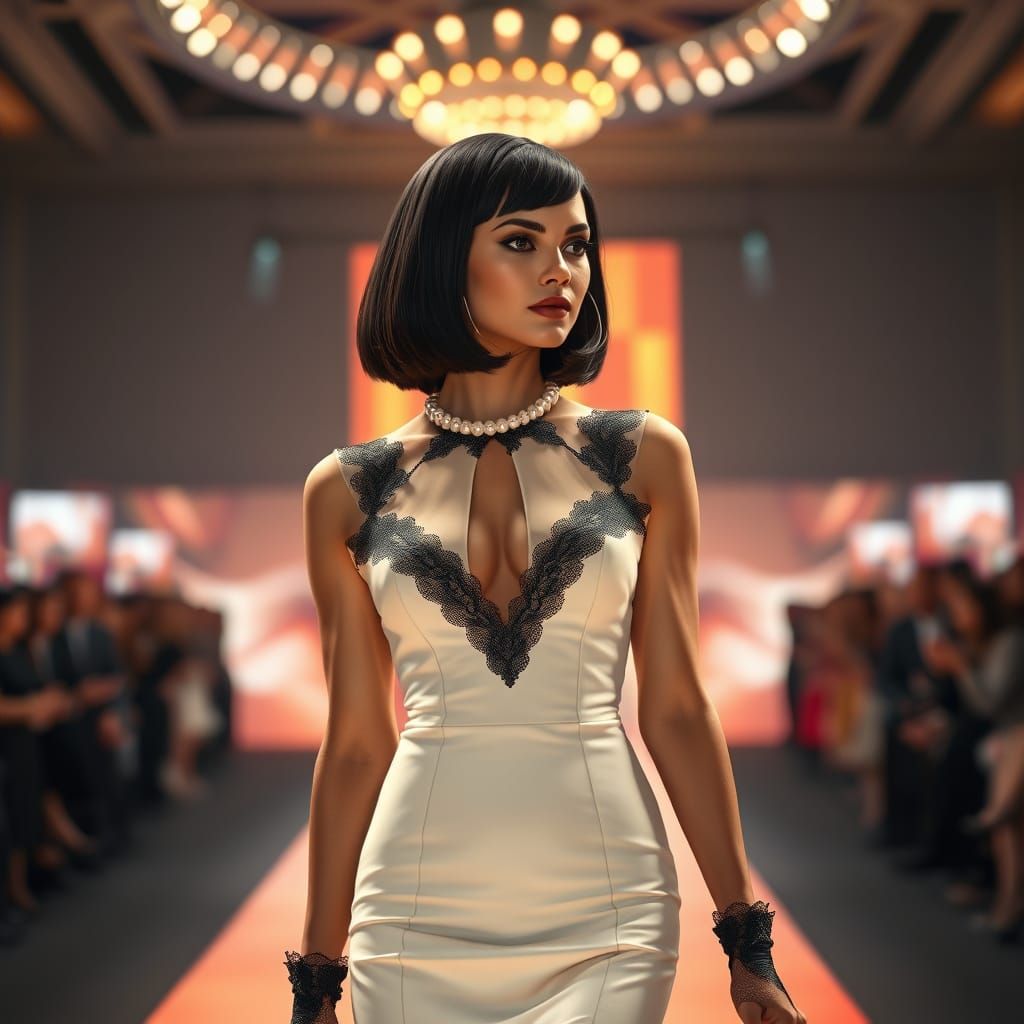 Elegant Brunette Model Struts Down Catwalk in Fitted Pastel ...