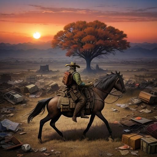 Wasteland Cowboy on Horse in Watercolor Papercraft