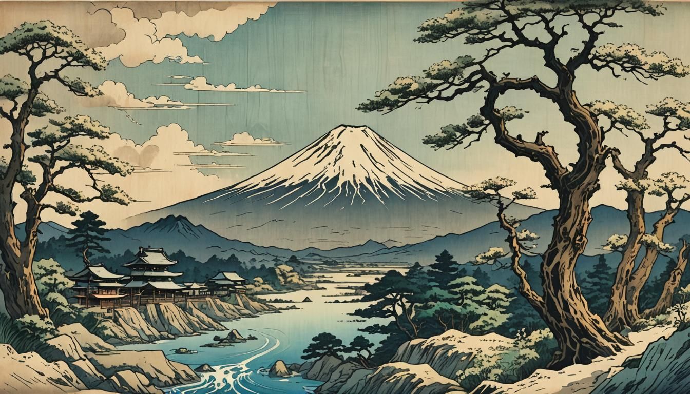 Mount Fuji in Old Japanese Wood Print Style