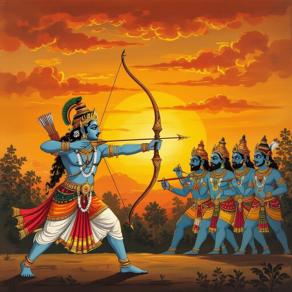 Lord Rama Battles Ravana in Golden Sunset Miniature Painting