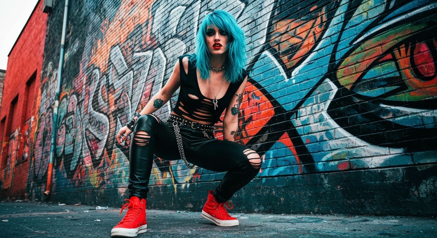 Punk Rock Girl with Graffiti Backdrop in 90s Style