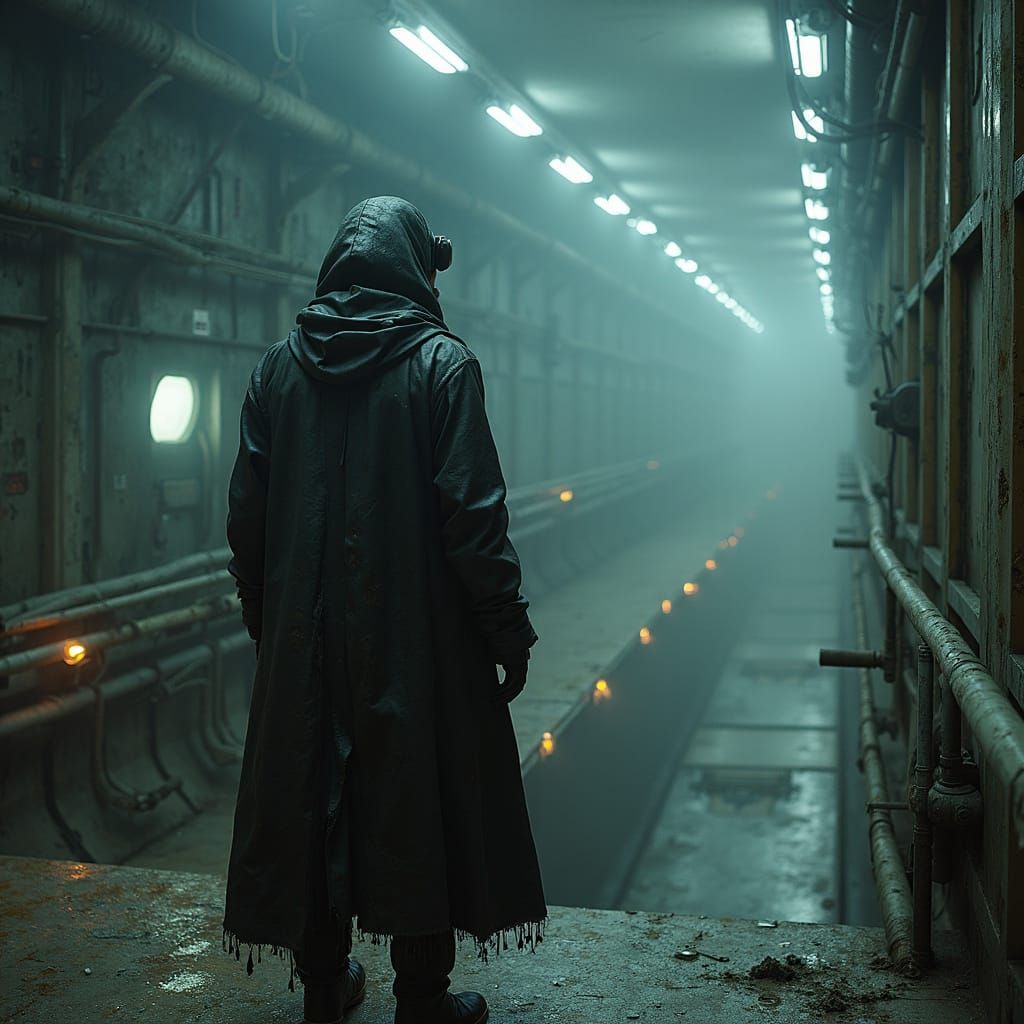 Ominous Figure in Abandoned Space Station Shadows