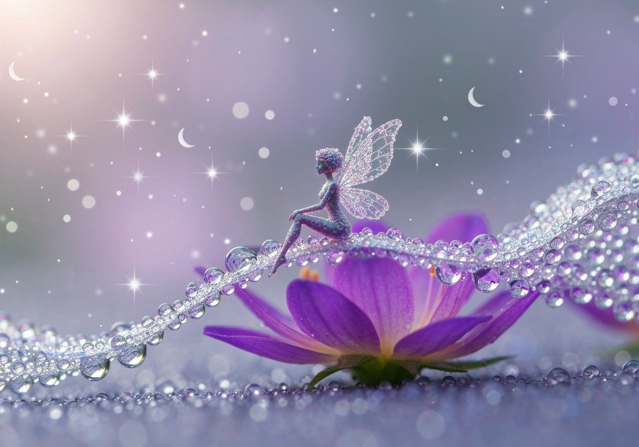 Iridescent Dewdrop Fairy on Bioluminescent Flower