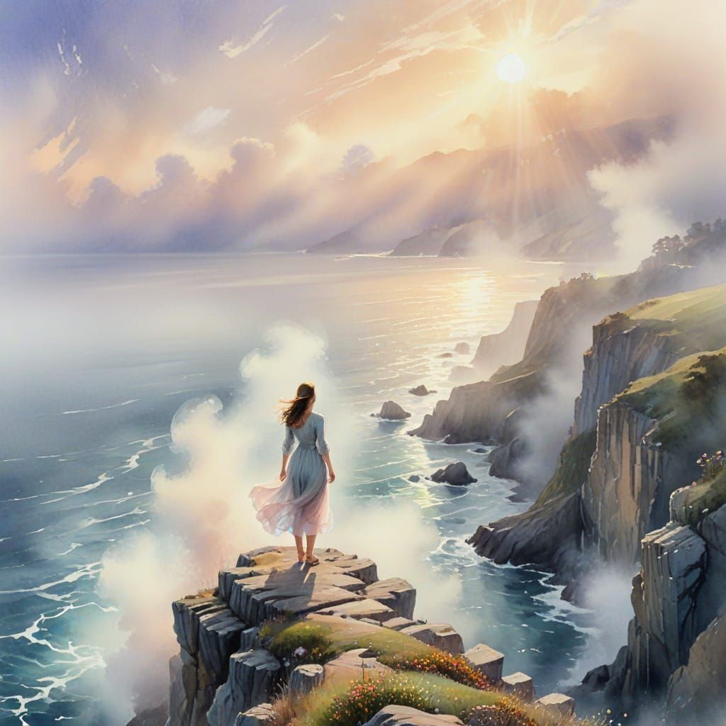 Woman on Misty Cliff Overlooking Foggy Ocean in Watercolor S...