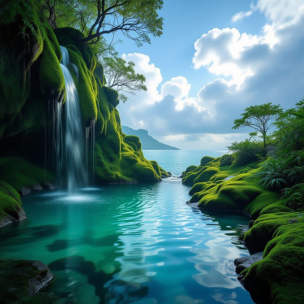 Mossy Grotto with Crystal Pool in Tranquil Nature Photograph...