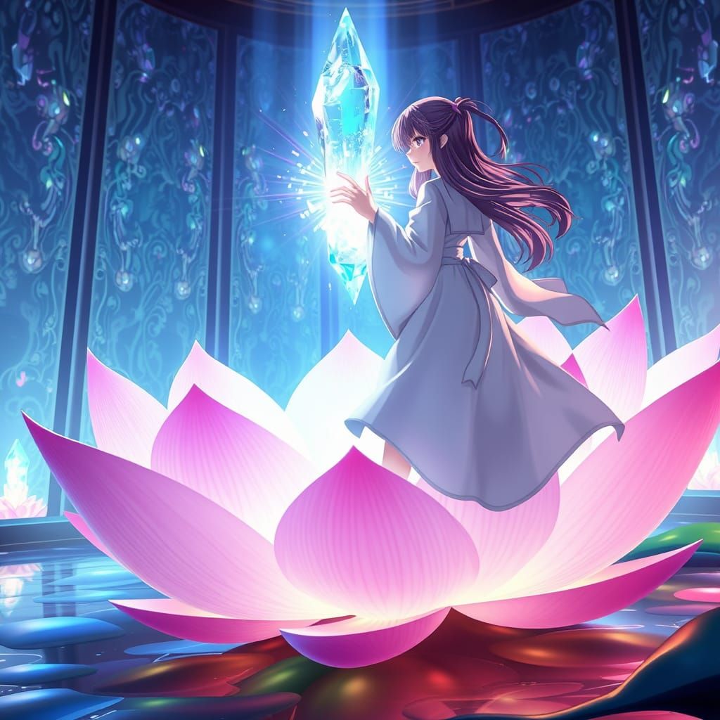Hikari Touches a Crystal Lotus in Anime Style