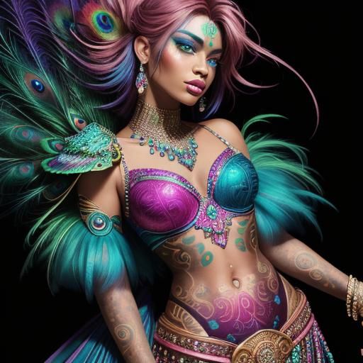 Rainbow Woman Portrait with Peacock Feathers, Abstract Art