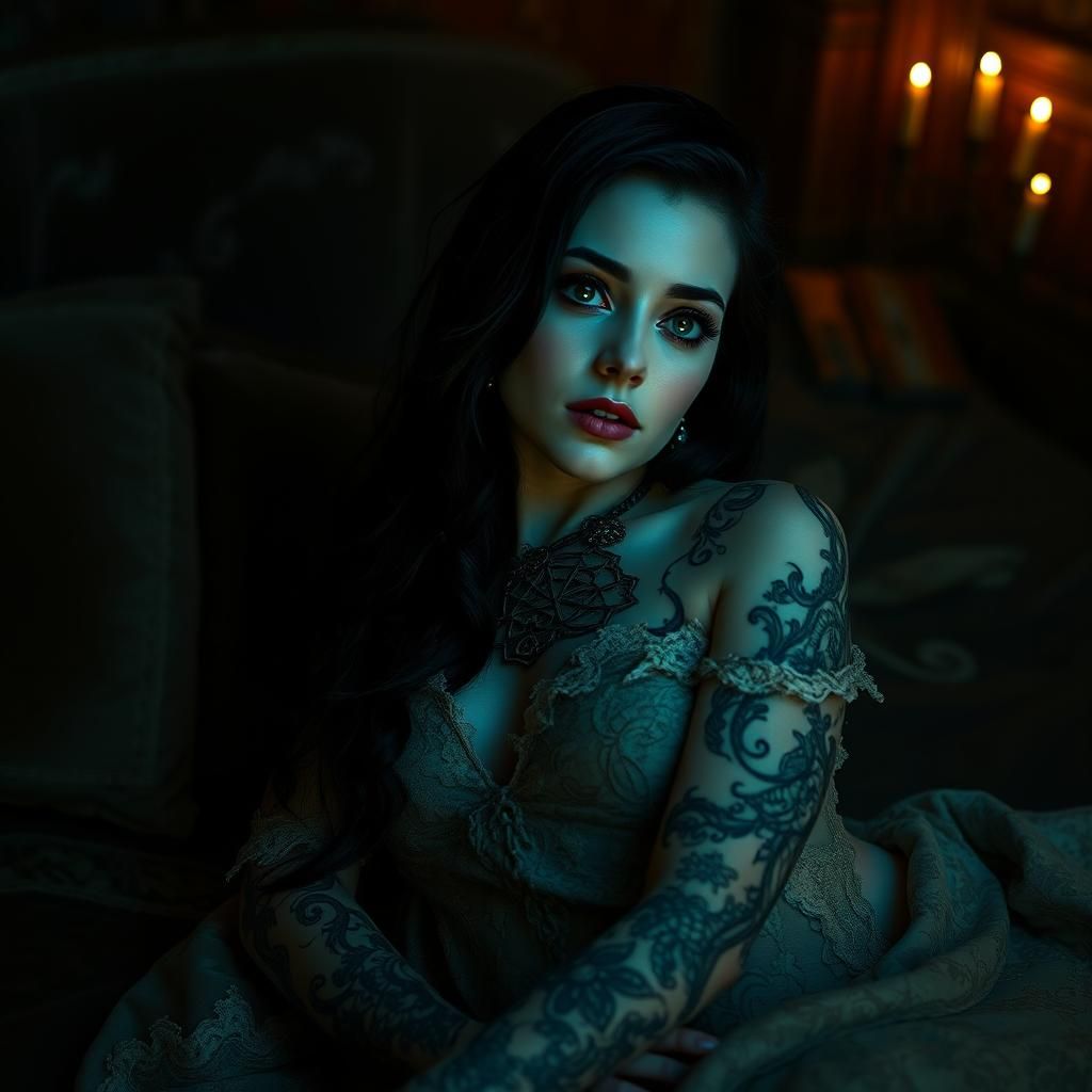 Gothic female, wearing only tattoos. Lying on bed in an eeri...