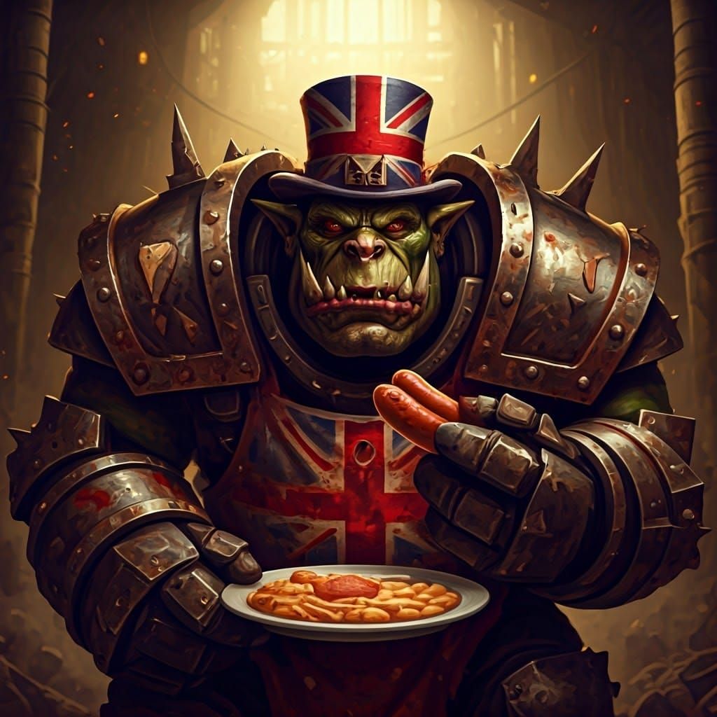 Gritty Ork Devours Bangers and Mash in a Grimy Industrial Se...