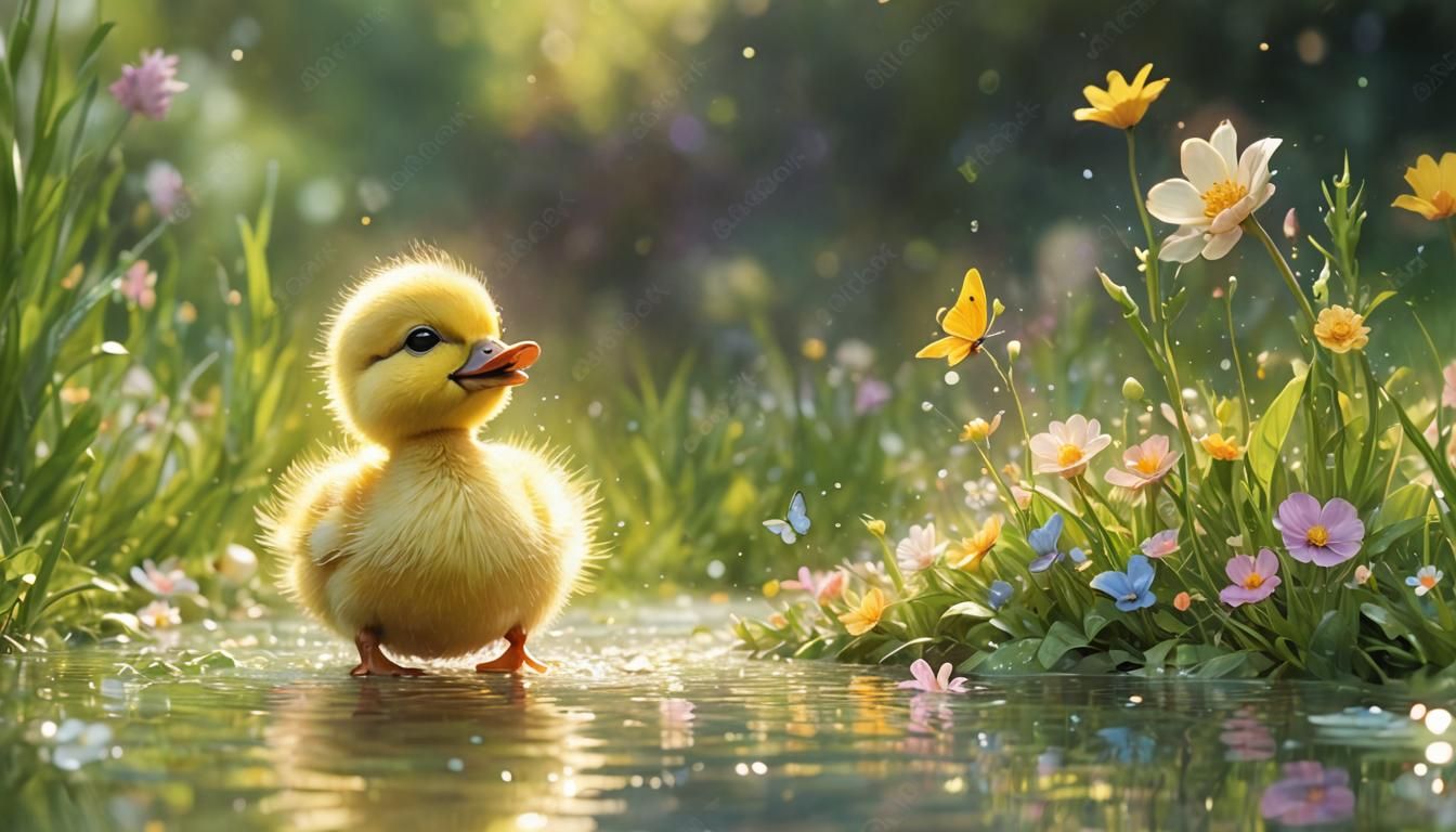 Pixar Style Duckling and Butterfly in Watercolor Fractal