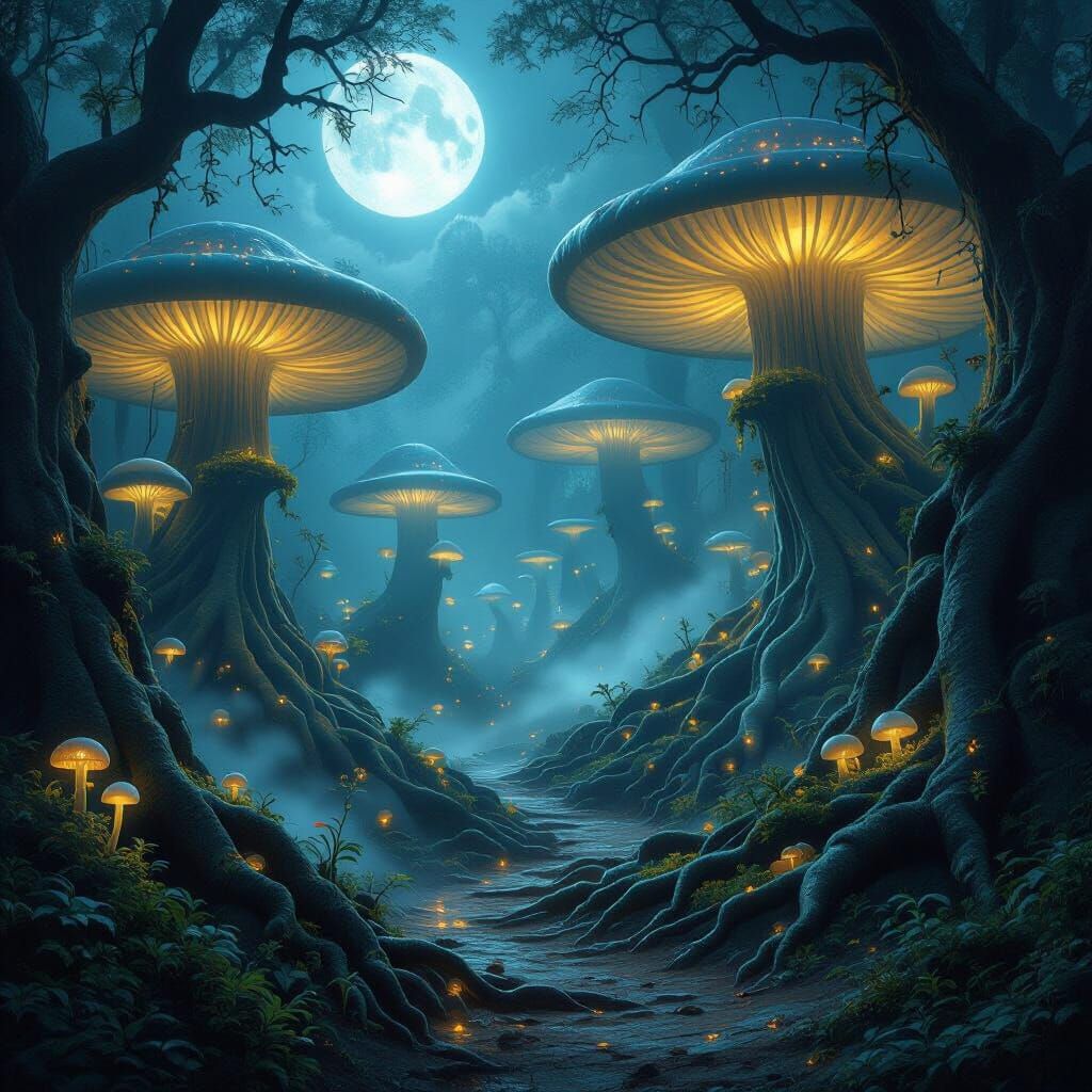 Mystical Moonlit Forest With Giant Bioluminescent Mushrooms