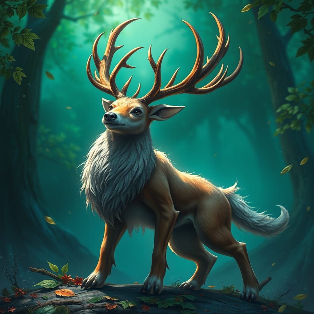 Dog-Deer Creature in Emerald and Sapphire Landscape