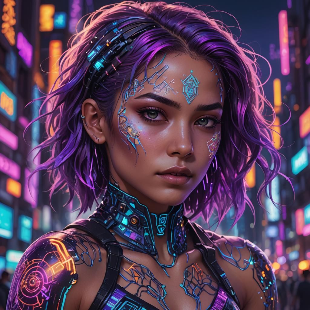 Neon Woman Portrait in Cyberpunk Style