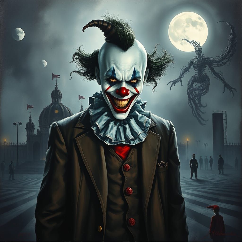 Eerie Clown in Dystopian Circus: Heavy Metal Art