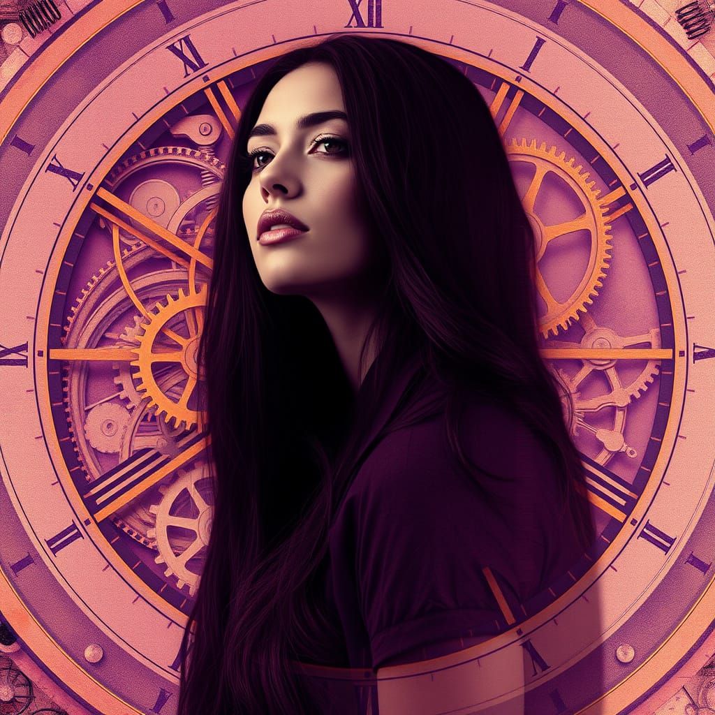 Surreal Double Exposure: Woman and Clockwork in Purple