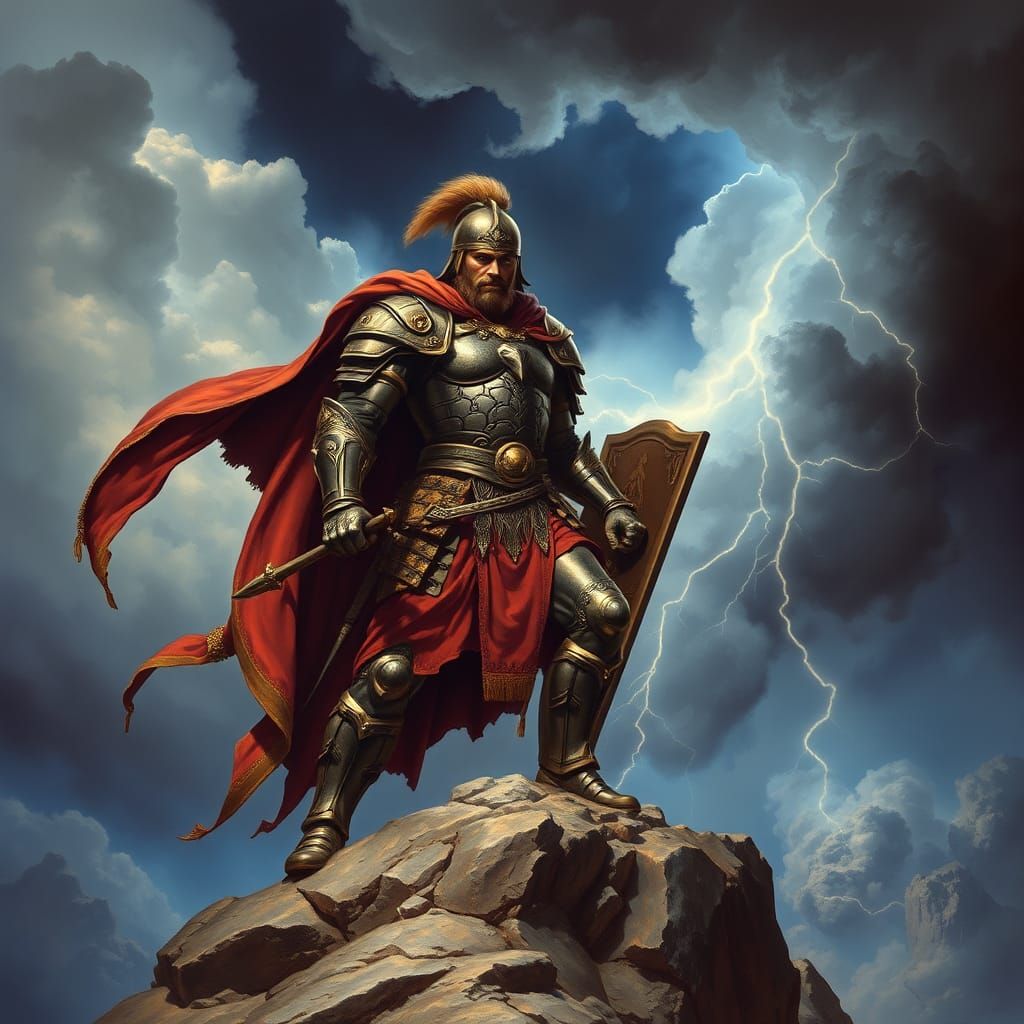 Majestic Warrior on Mountain in Classic Heroic Style