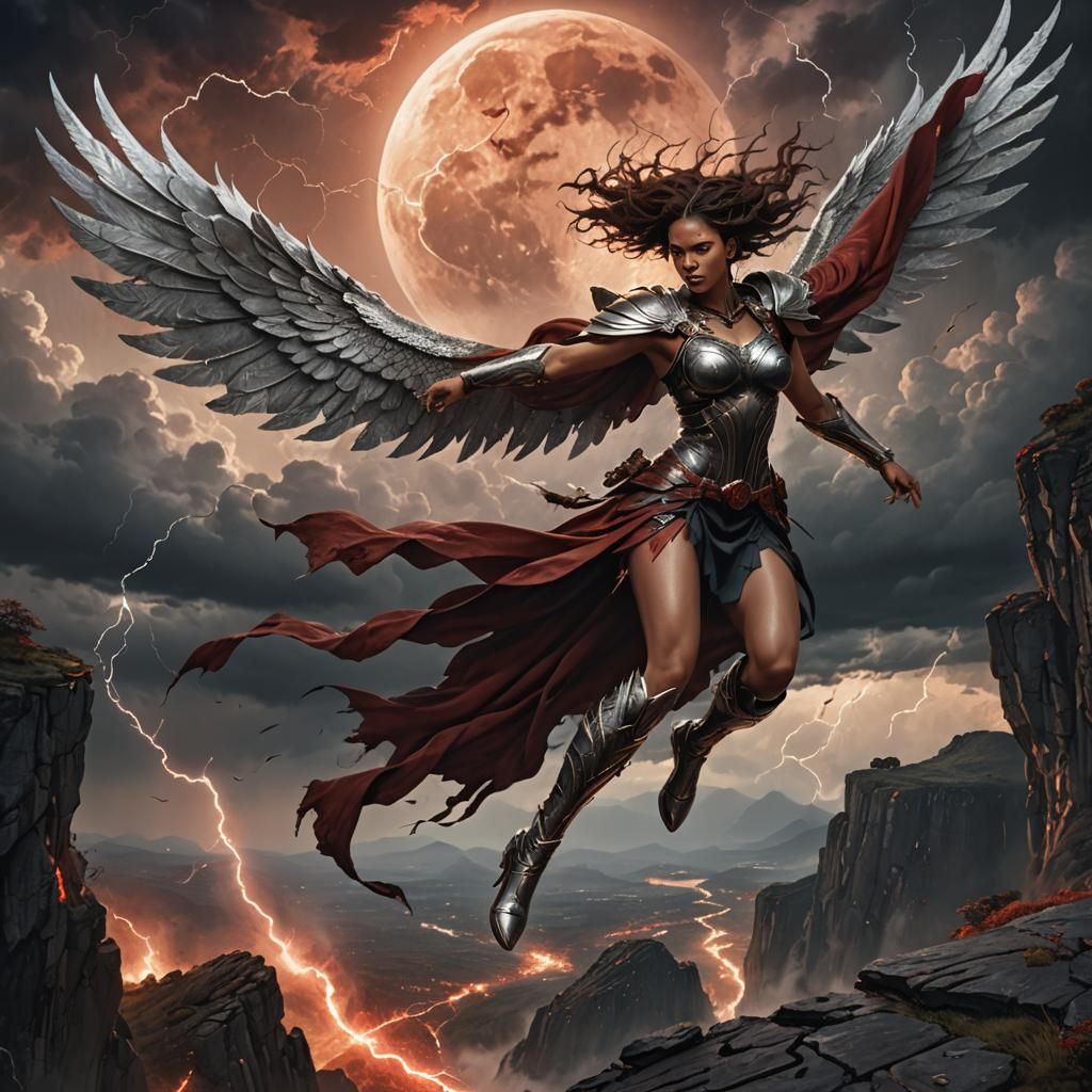 Winged Warrior Leaps into Dark Fantasy Landscape