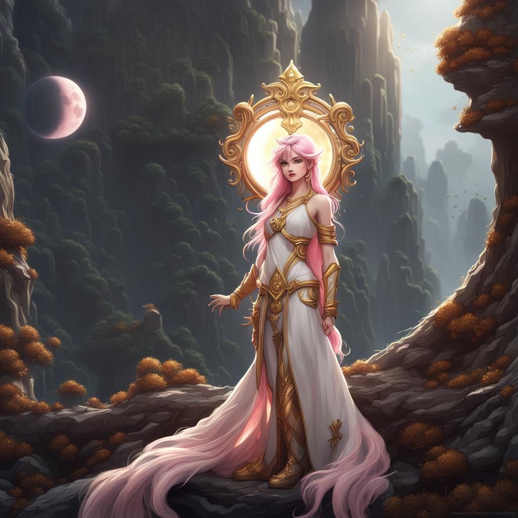 Cute Moon Goddess with Pink and Gold Hair