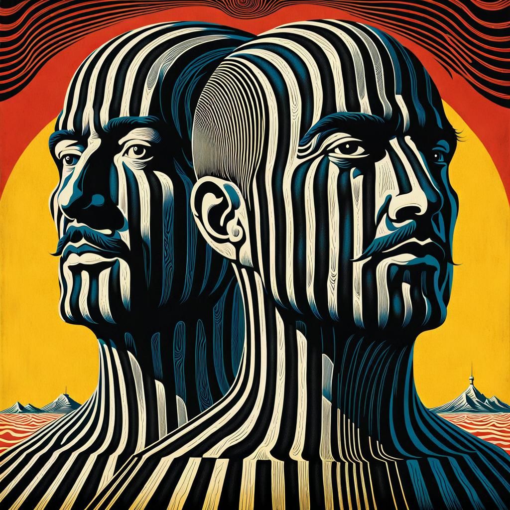 Surreal Striped Brothers: Etched Woodcut Print