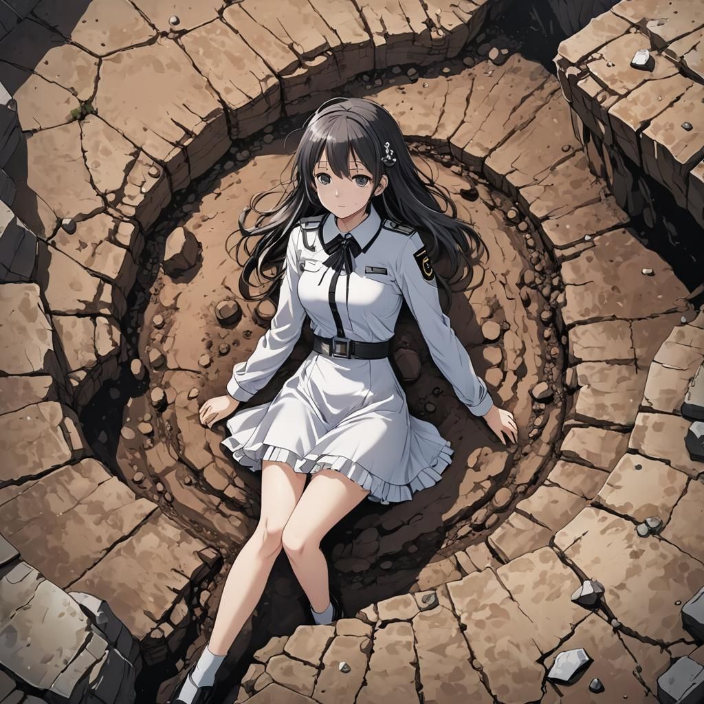 Anime Girl Unharmed in Crater: Manga Style