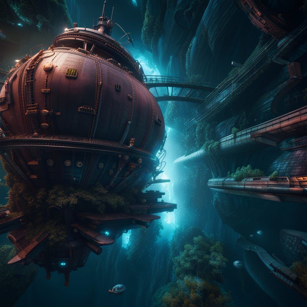Submarine Navigates a Wormhole in Detailed Painting