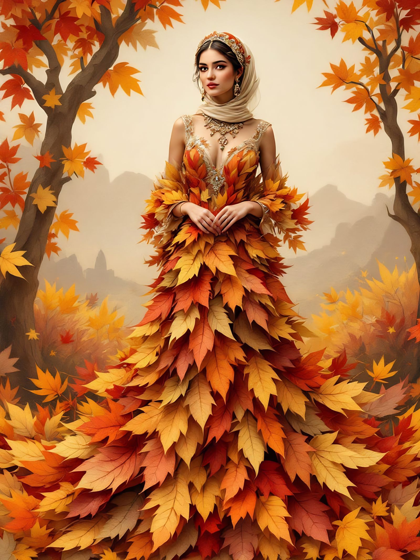 Elegant Palestinian Woman in Autumn Leaf Paper Collage