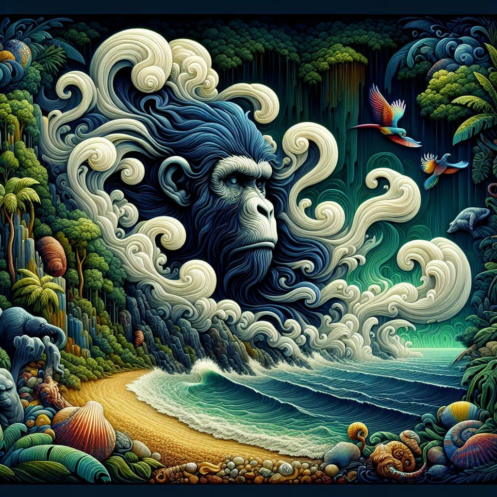 Art Nouveau-Inspired Tropical Jungle Scene with Majestic Ape