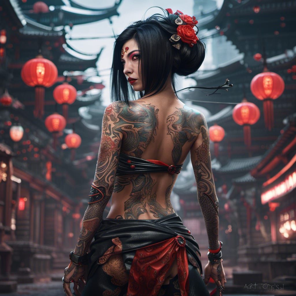 Cyberpunk Geisha Warrior with Gothic Tattoos