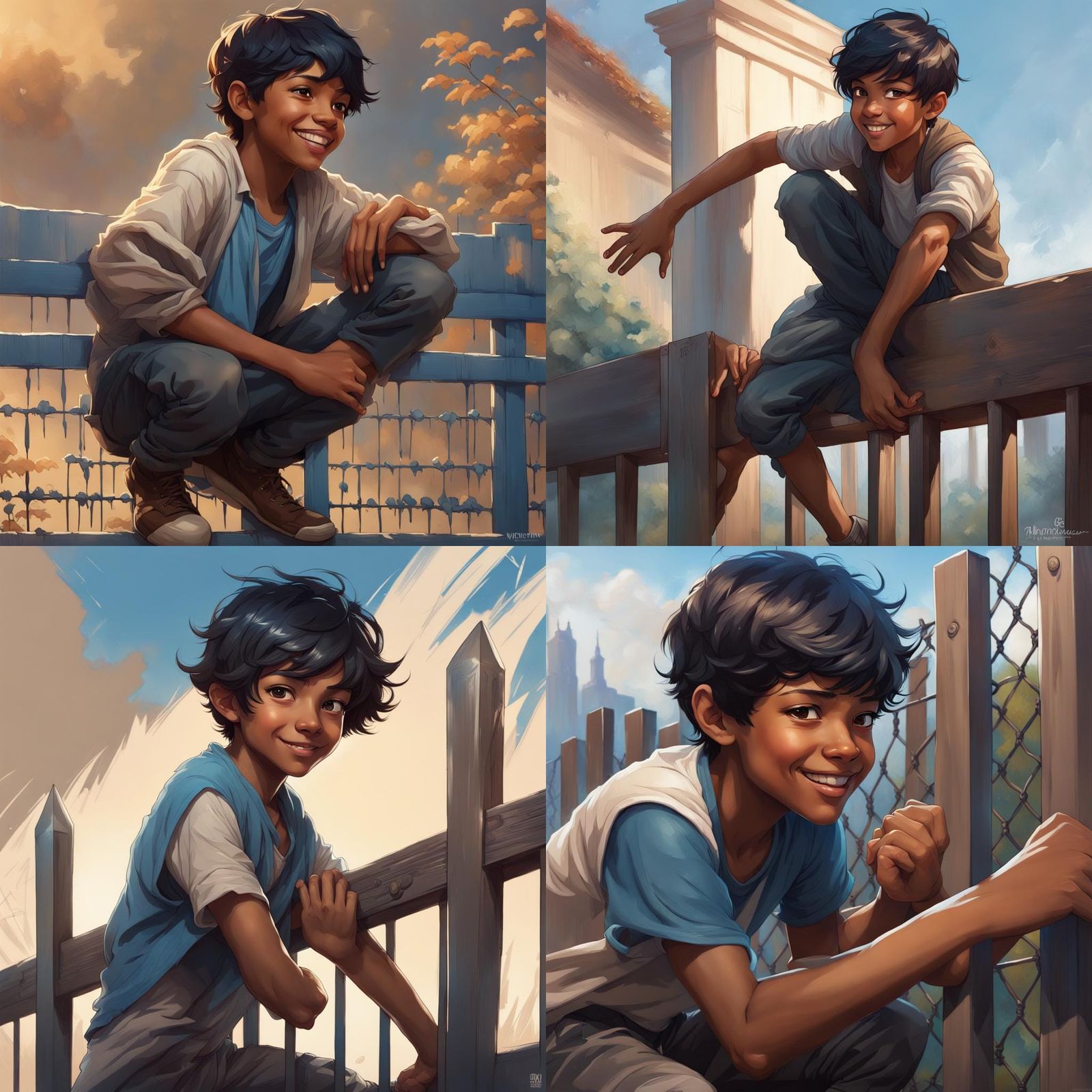 Boy Crouching on Fence, Hyperdetailed Digital Art