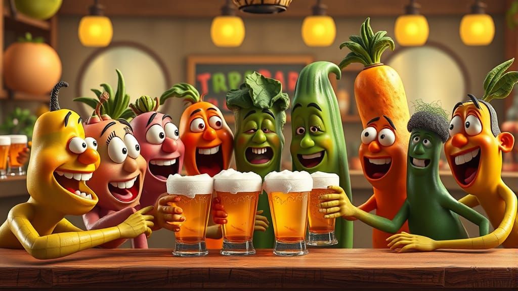 Vibrant Fruits and Vegetables Sing and Dance at a Bubbly Bar...
