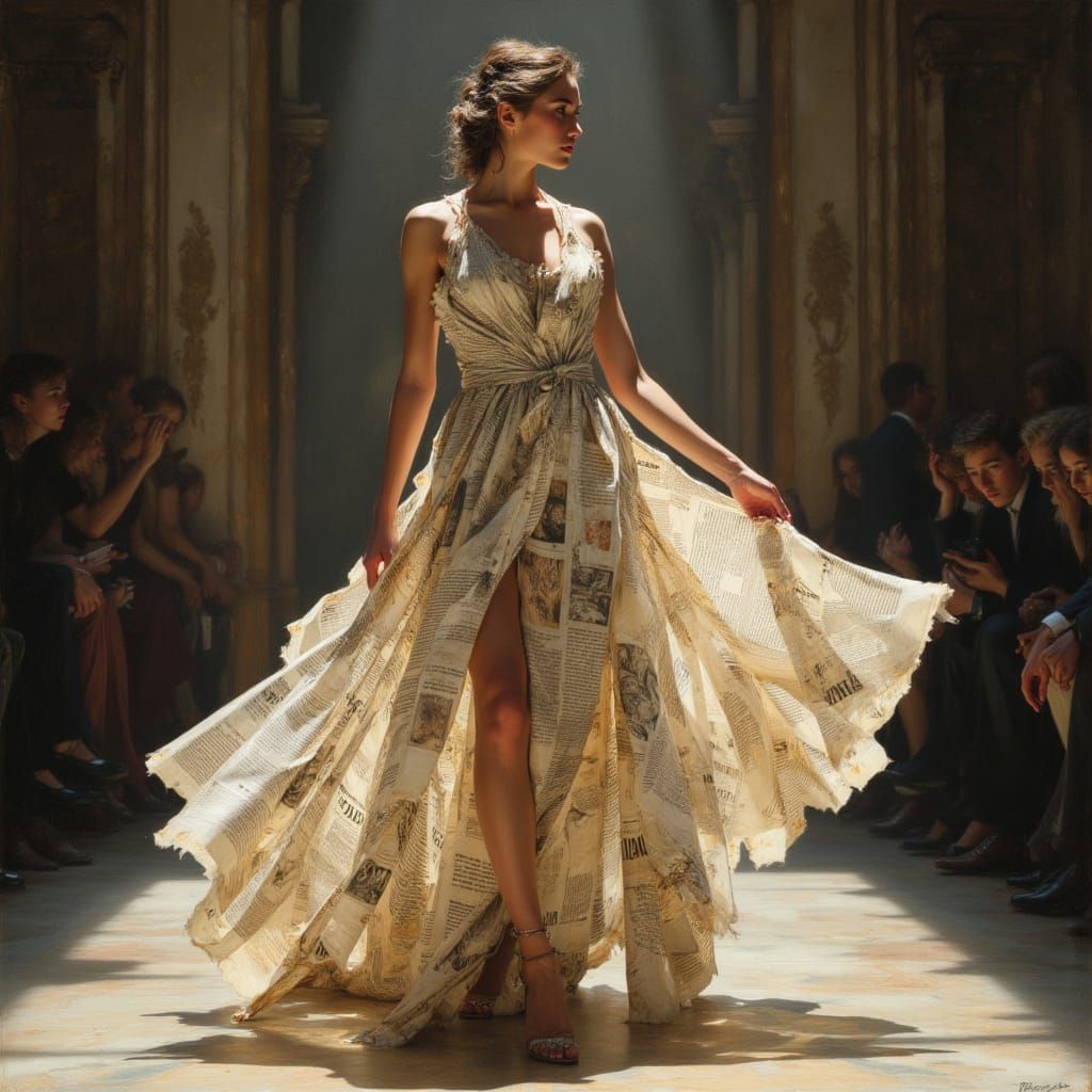 Fashion Model in Newspaper Gown, Art Nouveau Style