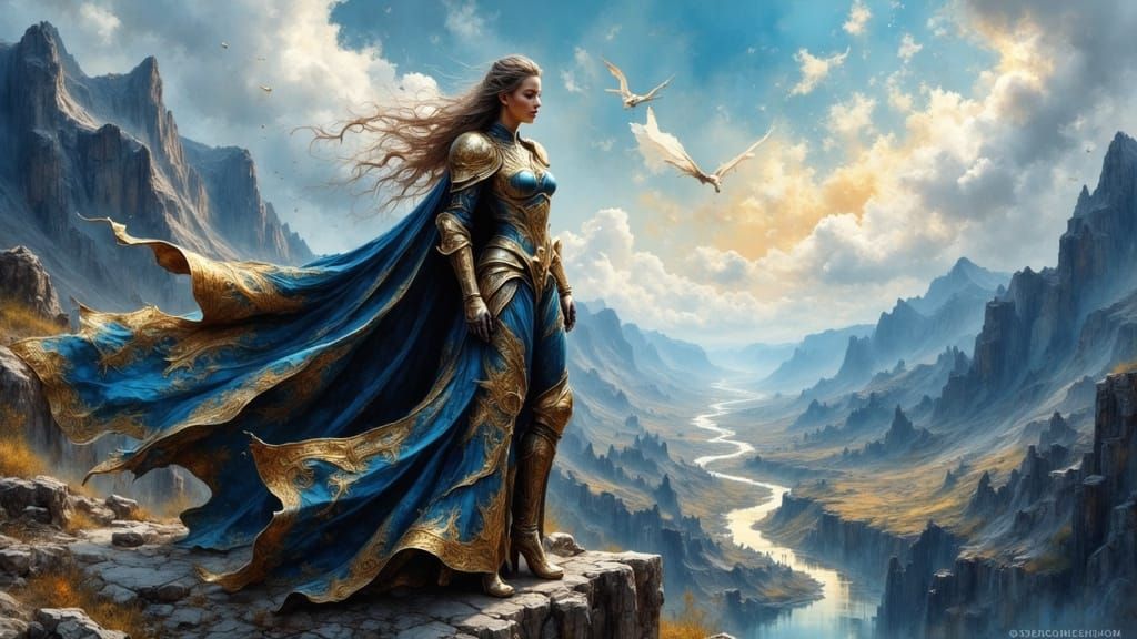 Epic Female Warrior Overlooking War-Torn Realm as Impasto Pa...