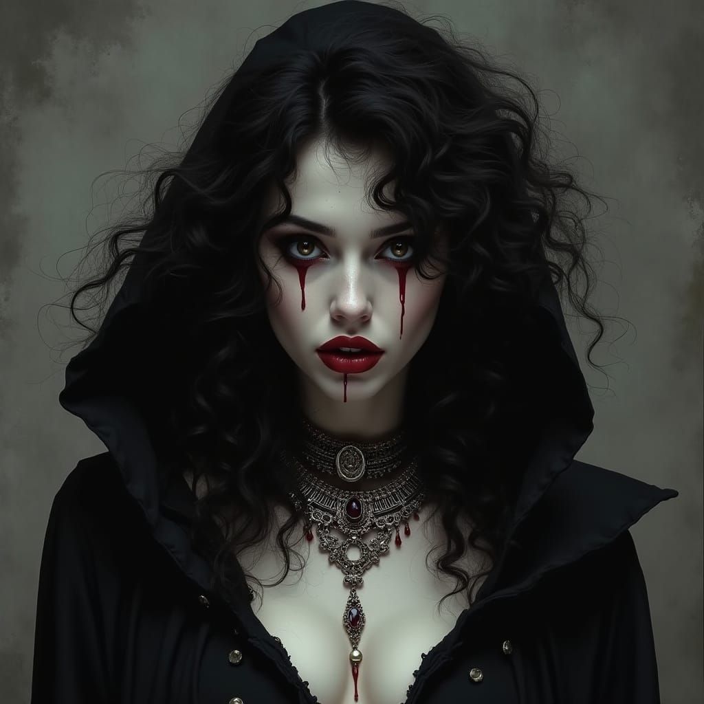 Vampire Portrait with Crimson Blood, in Gothic Style