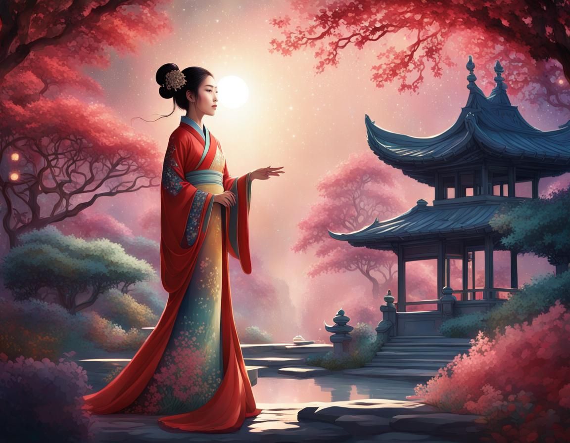 Asian Woman in Jeweled Garden Illustration